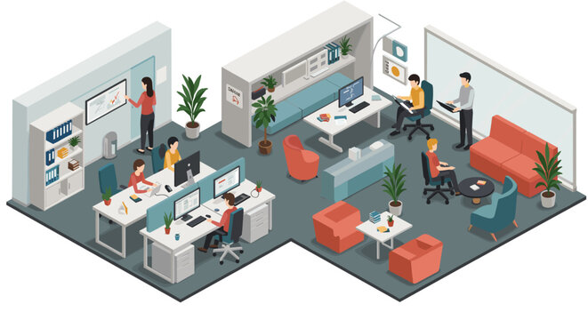 Modern office workspace vector illustration: isometric design for business and corporate use
