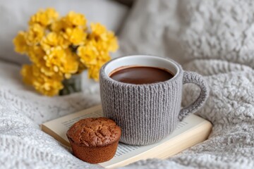 Cozy warm beverage in knitted mug accompanied by a freshly baked muffin resting on an open book with cheerful yellow flowers in the background creating a comforting scene