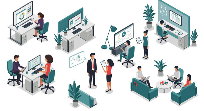 Modern office workspace vector illustration: collaborative design for posters and presentations in isometric flat style