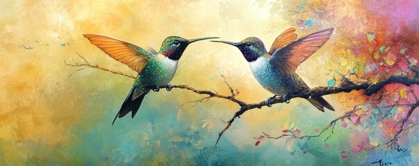 Two Hummingbirds on Branch Art