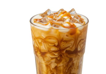 Isolated Iced Caramel Latte with Creamy Swirls and Ice Cubes