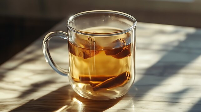 Spicy warming tea with milk in a glass cup with cinnamon
