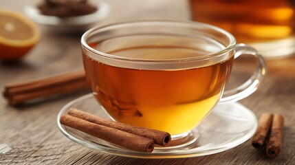 Spicy warming tea with milk in a glass cup with cinnamon