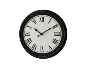 A classic black and white wall clock. Roman numerals mark the hours, and the hands show a specific time.  The clock face is pristine, with a smooth, circular design