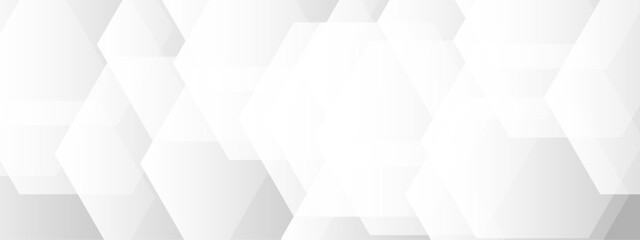 Obraz premium Abstract seamless background with overlapping translucent white hexagons on a light gray to white gradient backdrop. Clean, minimal, and geometric Ideal for use in tech, corporate, or medical design