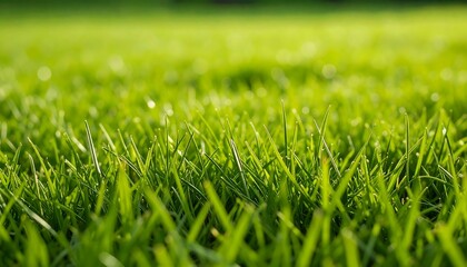 Fototapeta premium Close-up view of vibrant green grass blades, showcasing the texture and freshness of a healthy lawn