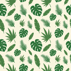 Green Tropical Leaves Pattern with Monstera, Palm, and Slender Foliage - Seamless Vector