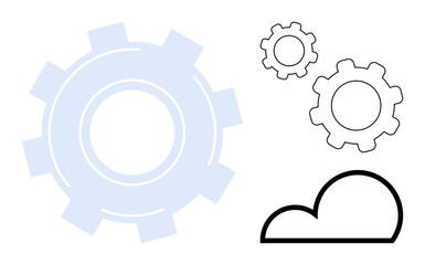 Large translucent gear, two smaller outlined gears, and a cloud icon symbolizing innovation, technology, and teamwork. Ideal for technology, cloud computing, collaboration, automation innovation