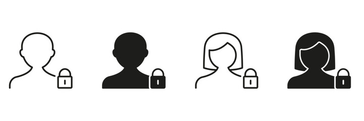 User Profile Privacy Lock Icon Set. Personal Data Security And Confidentiality Outline And Silhouette Symbol Collection. User Protection And Privacy Assurance. Isolated Vector Illustration