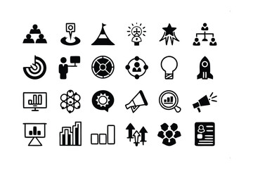 Icon Set: Symbol of the future, perfect for a sleek, professional presentation. Each icon represent an aspect of business growth, success and new ideas.
