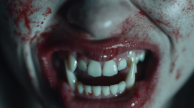 close up of a female vampire mouth, horror movie scenery