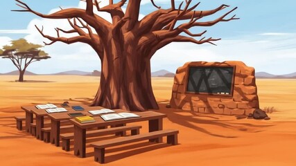 African Savanna Classroom Educational Illustration of Outdoor Learning Under Baobab Tree - Powered by Adobe
