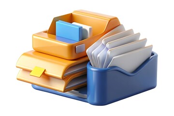 Stacked orange and blue office supply organizers with white and blue documents on white background