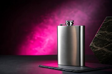Stainless steel flask on dark surface with pink and purple gradient background metal