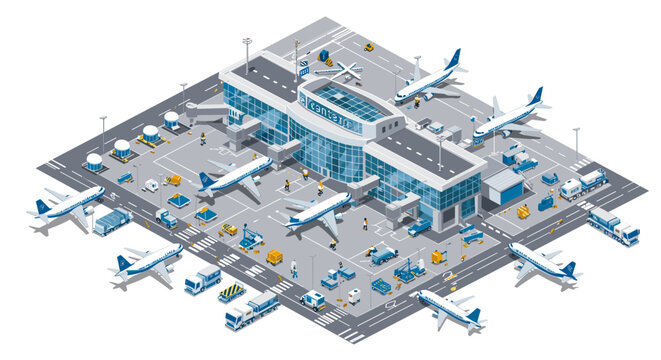 Isometric airport vector illustration: busy terminal scene for travel poster or logistics design