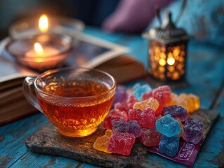 Show a calming setting with gummy packet, book, candle, tea