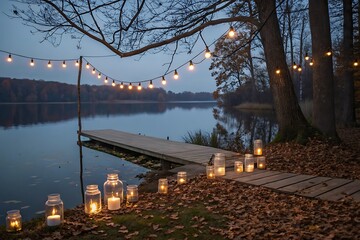 String lights over lake wooden dock with candles in jars autumn evening scene bulbs