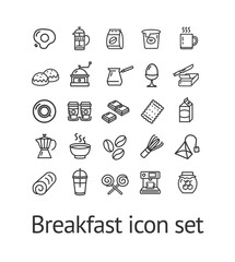 Breakfast Sign Black Thin Line Icon Set Include of Coffee, Tea, Oatmeal and Fried Egg. Vector illustration of Icons