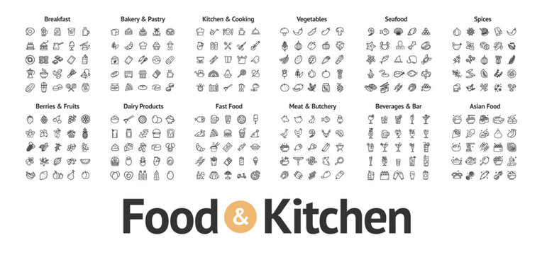 Food and Kitchen Sign Black Thin Line Icon Set Include of Bakery, Pastry, Vegetable, Seafood, Spice and Fruit. Vector illustration of Icons