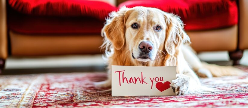 Golden Retriever holds Thank You card, red sofa background, home interior, gratitude