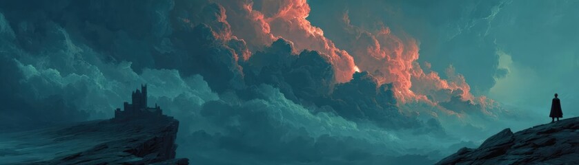 Sorcerer summoning storm near old castle, dark, atmospheric, mystical colors