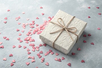 Textured paper gift box tied with twine and scattered pink heart confetti on a gray surface