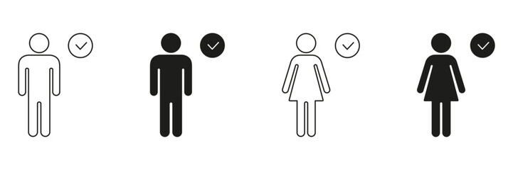 Male And Female Approval Icons Set. Gender Representation With Check Mark Symbolizing Acceptance And Verification. Outline And Solid Silhouette Collection. Isolated Vector Illustration