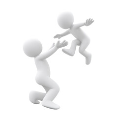 Playful interaction between two 3D stick figures, one lifting the other with joy and excitement in a whimsical setting