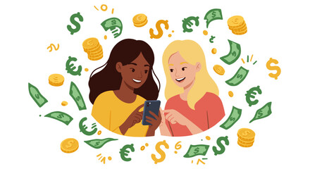 Obraz premium Friends exploring currency symbols: digital payment adventure vector illustration for print and web design