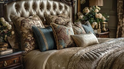 Sumptuous bed made up with luxe textures awaits you