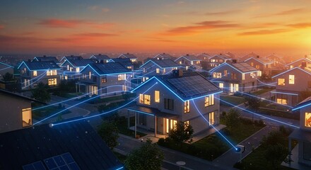 evening in the city, A futuristic smart home with glowing solar panels connected to a digital energy grid