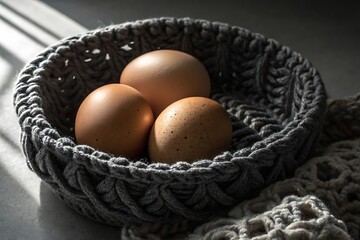 Three brown eggs in a gray knitted basket with textured yarn and soft natural lighting