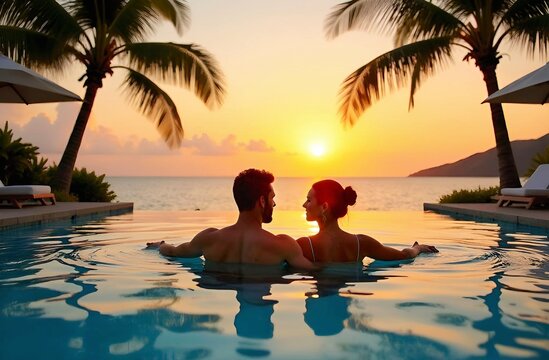 Happy couple of woman and man relaxing in water, on honeymoon, luxury hotel infinity pool at sunset. Palms and sea, ocean at background