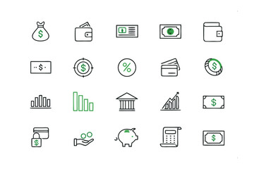 Financial Icons Illustration: An array of modern, line-style icons represents key elements of finance and banking, set against a simple backdrop, capturing concepts of money management and business