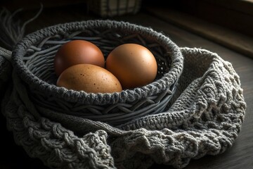Three brown eggs in a gray woven basket resting on a textured knitted gray fabric