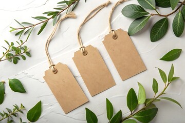 Three blank craft paper tags with jute string and green leaves on a white textured surface