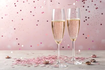 Two champagne flutes with sparkling wine against a pink background with confetti and stars
