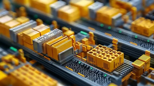 Complex automated yellow box logistics manufacturing process viewed with sharpness