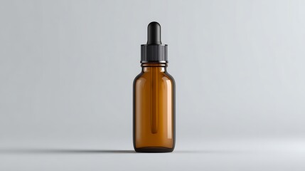 Vibrant photo of 3D rendering of a blank white label on an amber glass dropper bottle mockup on an empty light gray background. No text, no logo. The product is white, and the.