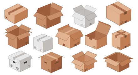Fototapeta premium Cardboard boxes collection vector illustration: brown and white, open and closed, isometric style, design resource