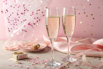 Two champagne flutes with sparkling wine on a table with confetti and decorations