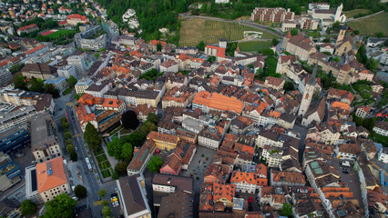 An aerial panoramic view around the old town capitol city Chur in Switzerland on a sunny spring...