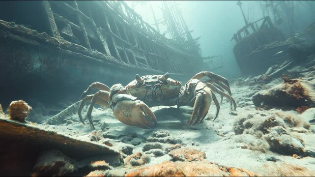 A giant crab on the seabed poses against a backdrop of sunken ships, creating an atmosphere of maritime mystery