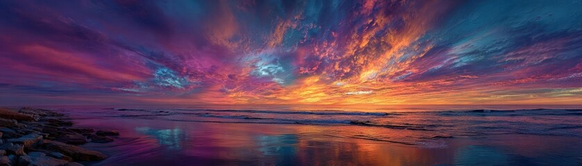 Watch as the ocean meets the sky in a stunning horizon, filled with vibrant colors