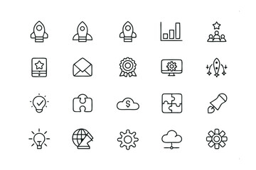 Digital Innovation Icons: A sleek collection of modern line art icons representing concepts like rocket launches, cloud computing, and puzzle pieces, each crafted with precise detail.