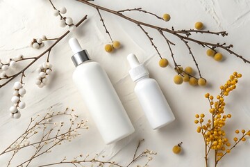 Two white dropper bottles with silver caps and natural branches on a textured white surface