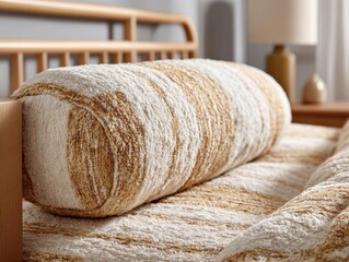 Zoom in on the textured boucle fabric covering the bedframe,