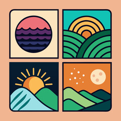 A set of four minimalist landscape illustrations depicts sunrises, sunsets, mountains, and ocean waves