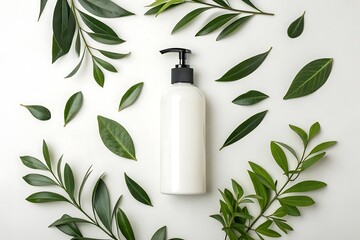 White cosmetic bottle with black pump surrounded by green leaves on a white background
