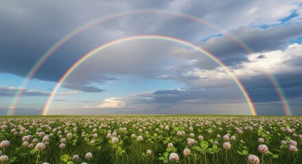Naklejka premium A Vibrant Double Rainbow Arcs Across a Cloudy Sky Over a Clover Field